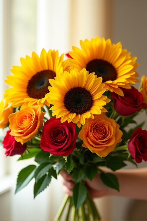 A vibrant bouquet with sunflowers and roses.